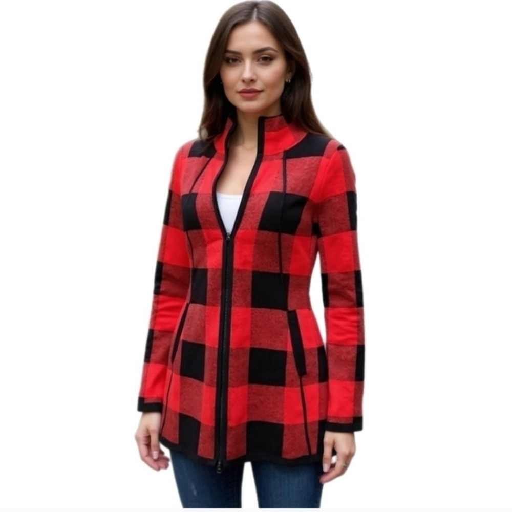 Adrelienne Vittadini Red & Black Buffalo Plaid Zip-Up Sweater Jacket Women's Sm